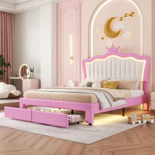 Vista 25 de Elegante cama de princesa tapizada de tamaño individual con cabecera corona, plataforma de piel sintética con soporte resistente de listones