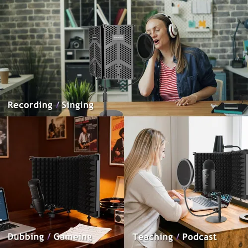 Vista 8 de Escudo de aislamiento de micrófono Rigych, escudo de micrófono a prueba de sonido de 3 paneles con soporte de micrófono y filtro pop, escudo