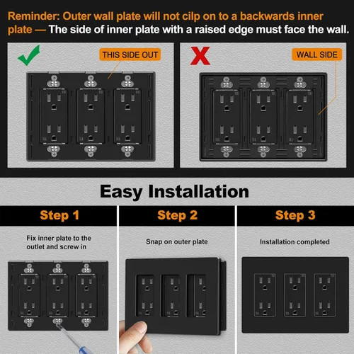 Vista 6 de CML - Placa de pared decorativa negra sin tornillos de 3 segmentos, paquete de 2 cubiertas de receptáculo de salida y placa de interruptor, cara