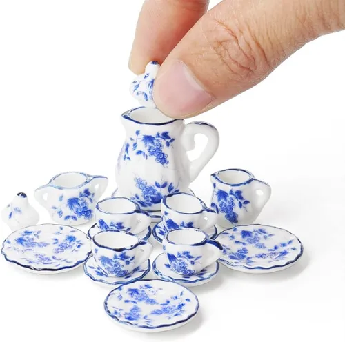 Vista 21 de Odoria 1:12 Miniatura 15pcs porcelana azul Chintz taza de té Set (azul)