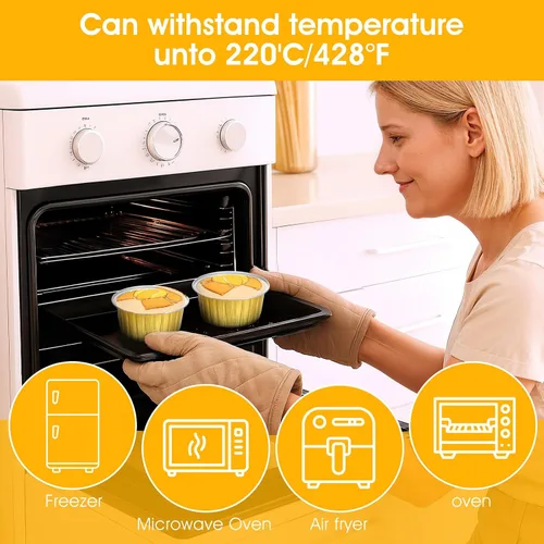 Vista 4 de 100 moldes redondos desechables de papel de aluminio de 5 onzas con tapas a juego Portable Disposable Foil Baking Cups, Ideal Food Containers for