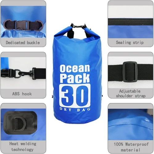 Vista 4 de Bolsa seca impermeable con correa desmontable ajustable de 10 l/20 l/30 l, bolsa superior enrollable mantiene el equipo seco para kayak, canotaje