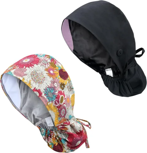 Vista 24 de Gorra médica con forro de satén con bolsillo para cola de caballo, gorro de enfermera médica de algodón con banda elástica para el sudor