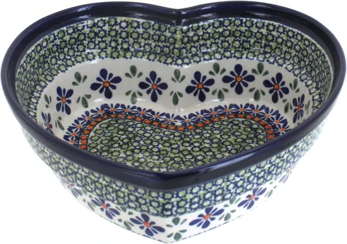 Vista 2 de Cerámica polaca de rosas azules, cuenco grande con forma de corazón de tulipán azul, 8.5 pulgadas de diámetro, regalo decorativo para bodas