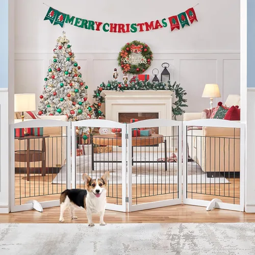 Vista 2 de Yaheetech Puerta para perros de 32 pulgadas de alto, extra ancha, para mascotas, plegable para interiores, valla de seguridad de alambre y madera