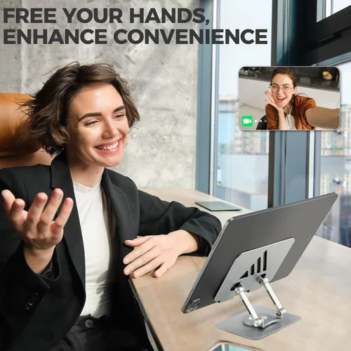 Vista 4 de Soporte para tableta para iPad para escritorio, soporte ajustable y plegable para iPad Pro, soporte para monitor portátil con base giratoria
