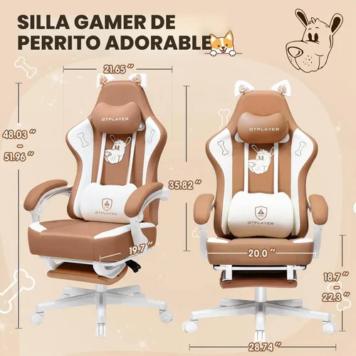 Vista 2 de GTPLAYER Silla de juegos linda con orejas de gato, ergonómica con bordado de perro, soporte lumbar de espuma viscoelástica ajustable