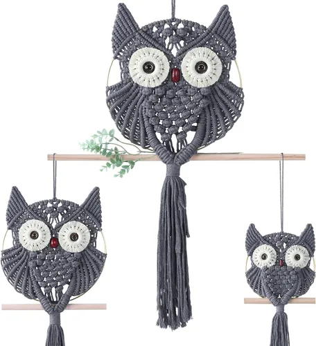 Vista 24 de MVSUTA Owl Burgundy Cotton Handmade Macrame Wall Hanging Tapestry Home Decor Art and Red Craft Wonderful Decoration Woven Boho Ornament for Office
