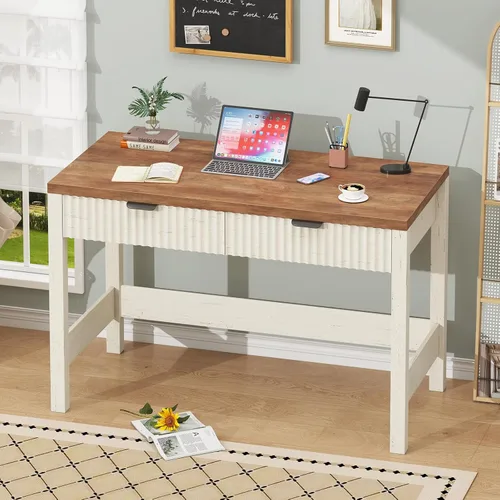 Vista 4 de YOMILUVE Escritorio estriado para computadora con 2 cajones, escritorio pequeño de computadora de 39 pulgadas con almacenamiento, escritorio Blanco