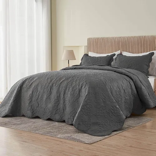 Vista 15 de Kingnex Juego de colcha de tamaño King, suave, ligera, acolchada, 3 piezas, 1 edredón y 2 fundas de almohada, color gris oscuro