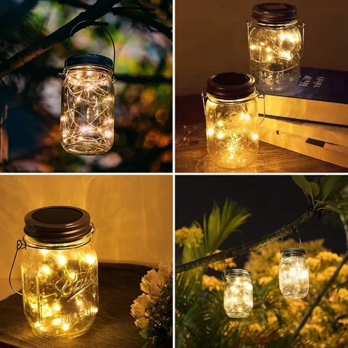 Vista 7 de Guirnalda de luces solares con tapa de tarro de masón, paquete de 8 unidades de 20 luces LED de hadas con 8 ganchos incluidos (tarros no incluidos)