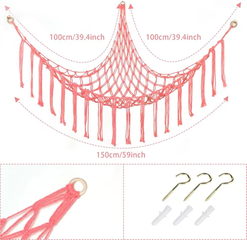 Vista 2 de Hamaca Esquinera para Animales de Peluche, Red Grande Tejida a Mano para Hamaca de Juguetes de Peluche con Anillos de Madera Almacenamiento Boho