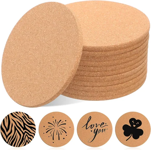 Vista 8 de Boao 6 posavasos redondos absorbentes de corcho de 4 pulgadas, posavasos de madera para plantas, para el hogar, mesa de café, comedor, mesa de madera