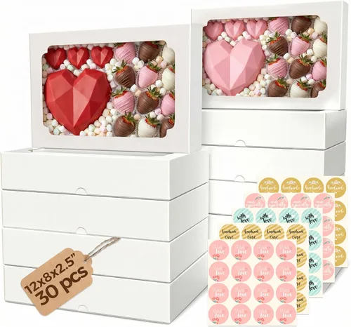 Vista 9 de 20 cajas de galletas con ventana de 12 x 8 x 2.5 pulgadas, cajas grandes de panadería, caja de regalo desplegable automática para postres, fresas