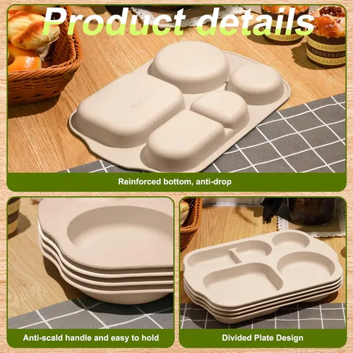 Vista 5 de Tanlade 8 platos divididos irrompibles grandes de 12 pulgadas, bandeja de comida de paja de trigo de 5 compartimentos, bandeja de control de Beige