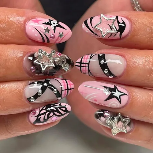 Vista 21 de Uñas postizas largas a presión, color negro, diseño francés y floral, 24