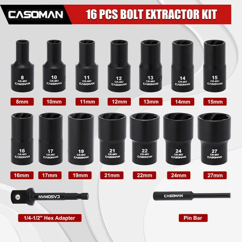 Vista 2 de CASOMAN Juego de 16 piezas de dados extractores de tuercas y pernos de impacto de 1/2 pulgada, extractor de tuercas de llanta desnudas, incluye