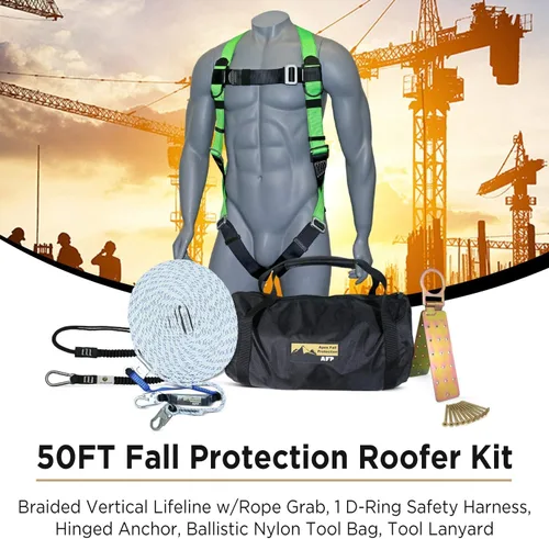 Vista 2 de AFP Kit de Protección contra Caídas para Techadores de 50 Pies, Línea de Vida Vertical Trenzada con Dispositivo de Agarre de Cuerda, 1 Arnés