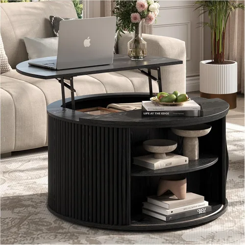 Vista 17 de Mesa auxiliar ovalada con almacenamiento, mesa de centro acanalada de 42.5 pulgadas con parte superior de elevación y patas de madera maciza, mesa