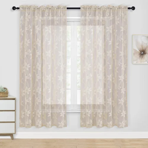 Vista 26 de DWCN Paquete de 2 cortinas traslúcidas pequeñas de encaje floral beige para cocina, cortinas traslúcidas ligeras con bolsillo para barra, cortinas