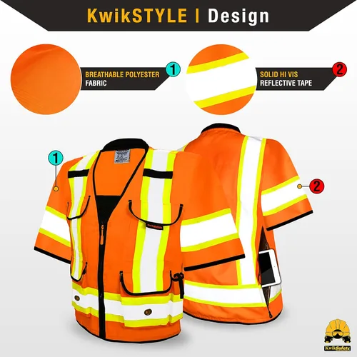 Vista 2 de KwikSafety Chaleco de seguridad Godfather Class 3 [naranja, mediano] + paquete de casco duro de ala completa TORTOISE