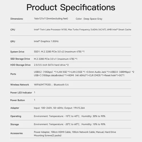 Vista 18 de Beelink Me Pro, Mini PC NAS, CPU Intel N150, 16 GB LPDDR5, 1 TB SSD, 3 ranuras M.2 PCIe3.0 SSD + 2 bahías HDD (Máx 72 TB), 5G + 2.5G Dual