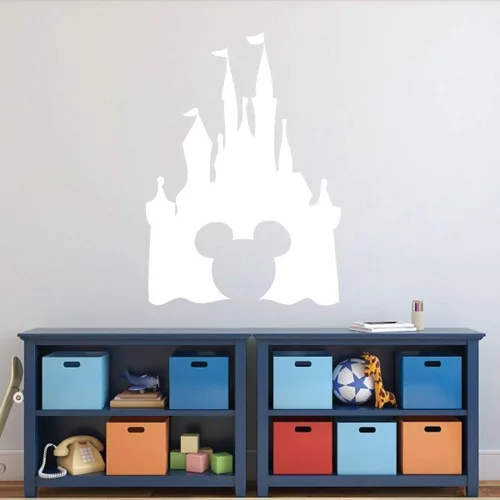 Vista 4 de Calcomanía de Pared con Silueta de Castillo - Adhesivo de Vinilo Despegable y Adherible con Recorte en Forma de Mickey para Guardería, Sala