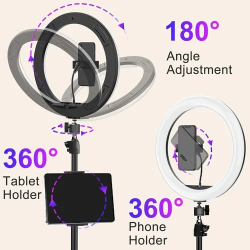 Vista 6 de Anillo de luz de 10.3 pulgadas con trípode y soporte para iPad para teléfono, anillo de luz para selfie con 51 modos de color, iluminación circular
