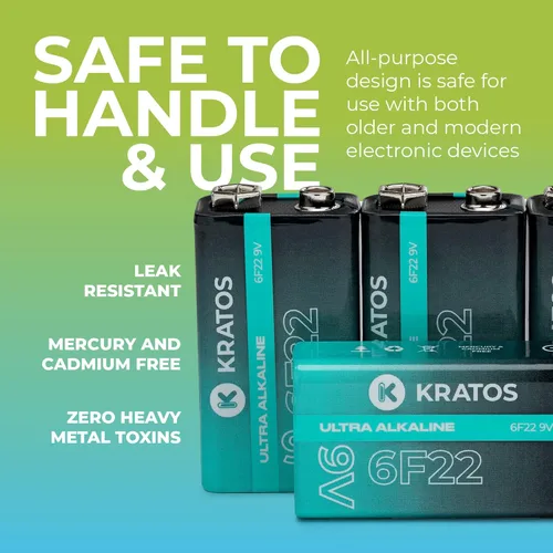 Vista 5 de Kratos Power Baterías de 9 V – Paquete de 4 pilas alcalinas – Batería multiusos de 9 voltios de larga duración – 10 años de vida útil – Batería de 9