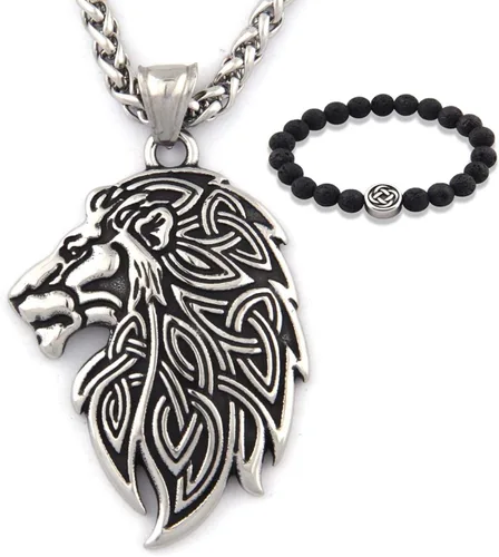 Gungneer Collar con nudo celta y león, acero inoxidable, diseño de nudo triquetra irlandés, joyería para hombres y mujeres