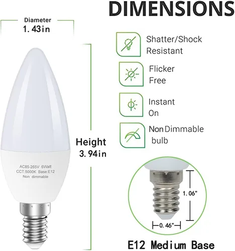 Vista 4 de GOSCHE - Paquete de 6 bombillas LED E12 para ventilador de techo, bombillas LED de candelabro equivalentes a 60 vatios, bombilla tipo B