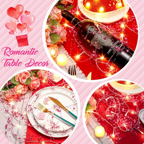 Vista 4 de Guirnalda de 40 luces LED con forma de corazón para el día de San Valentín con corazones y cuentas, funciona con pilas, romántica decoración del día