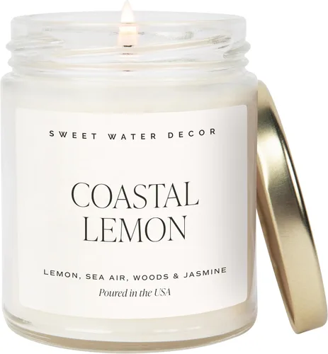 Sweet Water Decor Velas perfumadas de limón costero, velas de soja con limón, sal marina y madera flotante para decoración del hogar, cera de vela