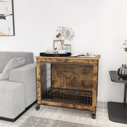 Vista 2 de YOCAN Muebles de madera para perros, mesa auxiliar de jaula de perro de 30.7 pulgadas para perros medianos, puertas dobles de alambre, perreras
