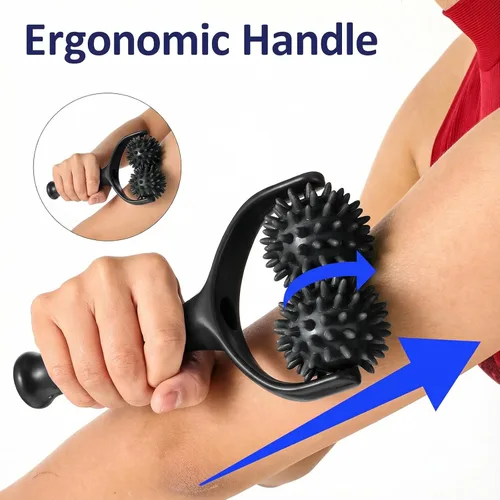 Vista 3 de Rodillos de bolas de masaje con pinchos de mano, 2 ruedas de silicona manual con mango ergonómico, herramienta de masajes musculares portátil