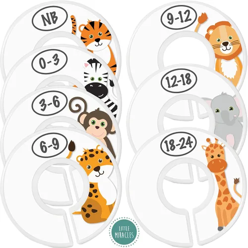 Separadores de tamaño de armario de bebé, 7 divisores de armario de safari para ropa de bebé, elefante, jirafa, cebra, león, mono, guepardo, 7x