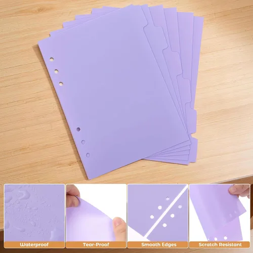Vista 3 de NUOBESTY Separadores de carpetas A5, 6 anillos, paquete de 6 separadores de pestañas de plástico morado pastel, separadores resistentes a desgarros