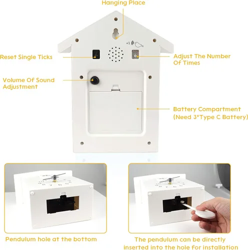 Vista 6 de KEYPOWER - Reloj de pared de cuco, sonidos naturales de pájaros o llamada de cuco, péndulo de reloj con diseño, casa de pájaros, arte de pared