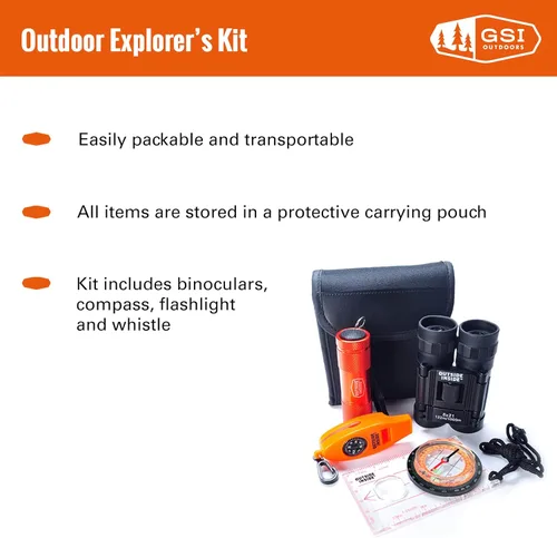Vista 2 de Outside Inside Explorer's Essentials Kit para aventuras al aire libre, incluye prismáticos, brújula, linterna y silbato, bolsa protectora