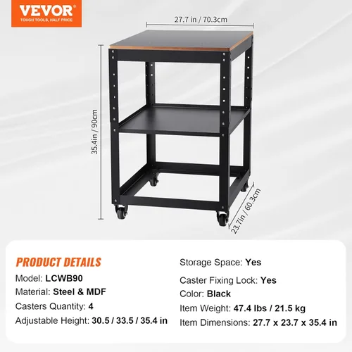 Vista 7 de VEVOR Soporte para cepilladora, cargas pesadas de 100 lbs / 45 kg, mesa de cepilladora de espesor ajustable en altura de tres marchas, con 4 ruedas
