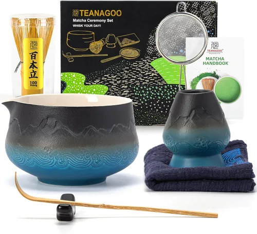 Vista 13 de TEANAGOO Juego de 7 batidores de matcha azul, juego de matcha de cerámica, kit de matcha para ceremonia, juego de té matcha para hacer