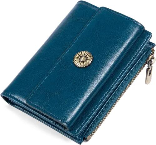 Vista 13 de Cartera pequeña para mujer, con bloqueo RFID, de piel suave, plegable, compacta, tarjetero para mujer, con bolsillo con cremallera, color negro