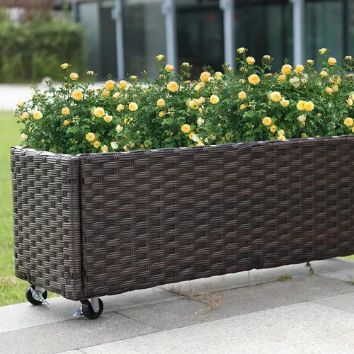 Vista 8 de Cama de jardín elevada: maceta de jardín con ruedas, camas elevadas de ratán para jardín, macetas de interior y exterior de 3.1 pies que ahorran