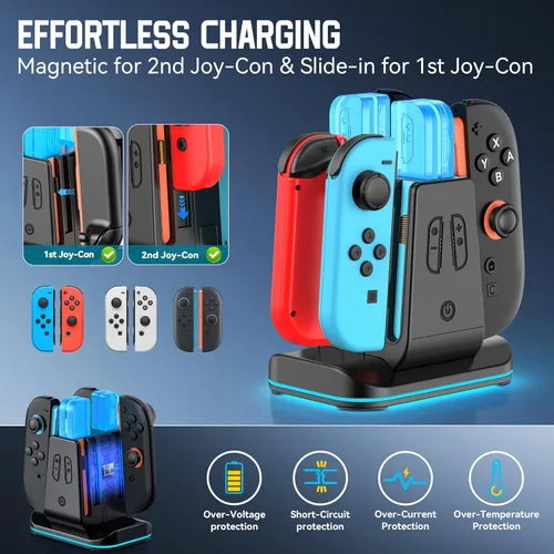 Vista 5 de Compatible con interruptor 21 Base de cargador Joycon controlador, soporte de carga magnético 8 en 1 para JoyCon 2, Switch 1 y OLED Joy
