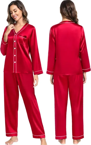 Vista 6 de SWOMOG Conjunto de pijama a juego para parejas, ropa de dormir de satén de manga larga con botones, ropa de dormir suave de 2 piezas