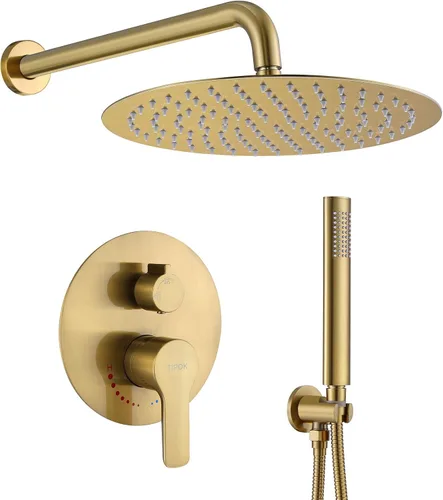 Vista 12 de TIPOK Sistema de ducha dorado cepillado con cabezal de ducha redondo de 8 pulgadas y de mano, juegos completos de grifos de ducha tipo lluvia Oro