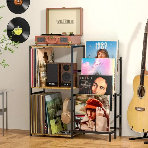 Vista 2 de Soporte para tocadiscos, mesa para tocadiscos con almacenamiento de vinilos de 4 niveles, almacenamiento para tocadiscos de hasta 200+ álbumes