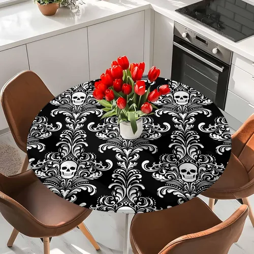 Vista 2 de Mantel redondo ajustable con diseño de flores de esqueleto espeluznante de Halloween, mantel ajustable de calavera blanca con borde elástico, Negro