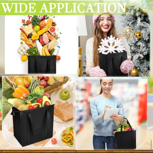 Vista 6 de Paquete de 10 bolsas de comestibles aisladas grandes reutilizables con cremallera superior de 13 x 12 x 7 pulgadas, bolsas térmicas a granel