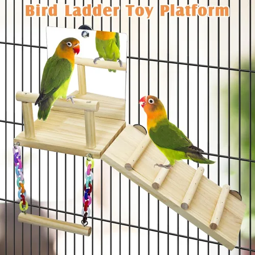 Vista 2 de BNOSDM Plataforma de perca para pájaros con espejo, escalera de escalada de madera para periquitos, juguetes de columpio para pájaros pequeños